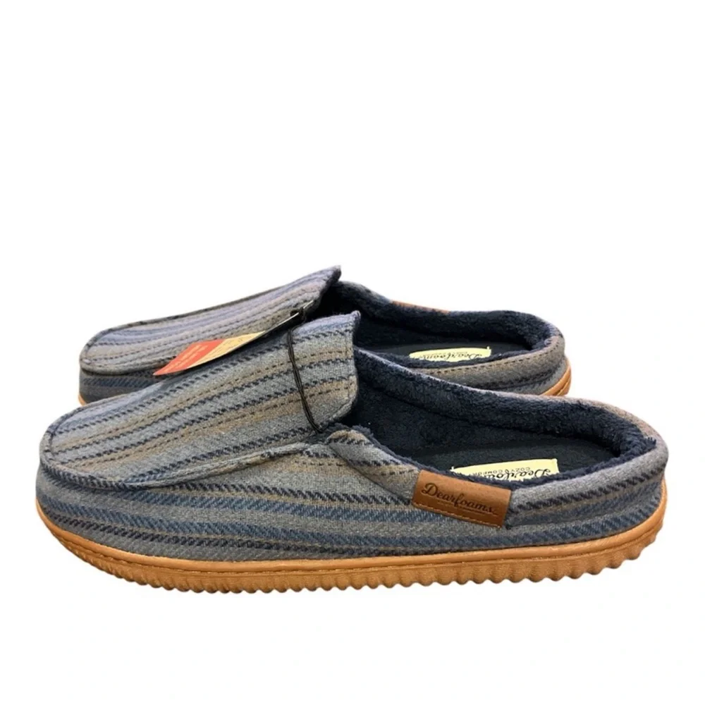 DEARFOAMS COZY COMFORT MEN’S BLUE/TAN STRIPED NOTCH CLOG SLIPPER NWT
